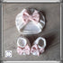 Off-white baby turban with pink bow + matching slippers. Choice of thin or warm fabric